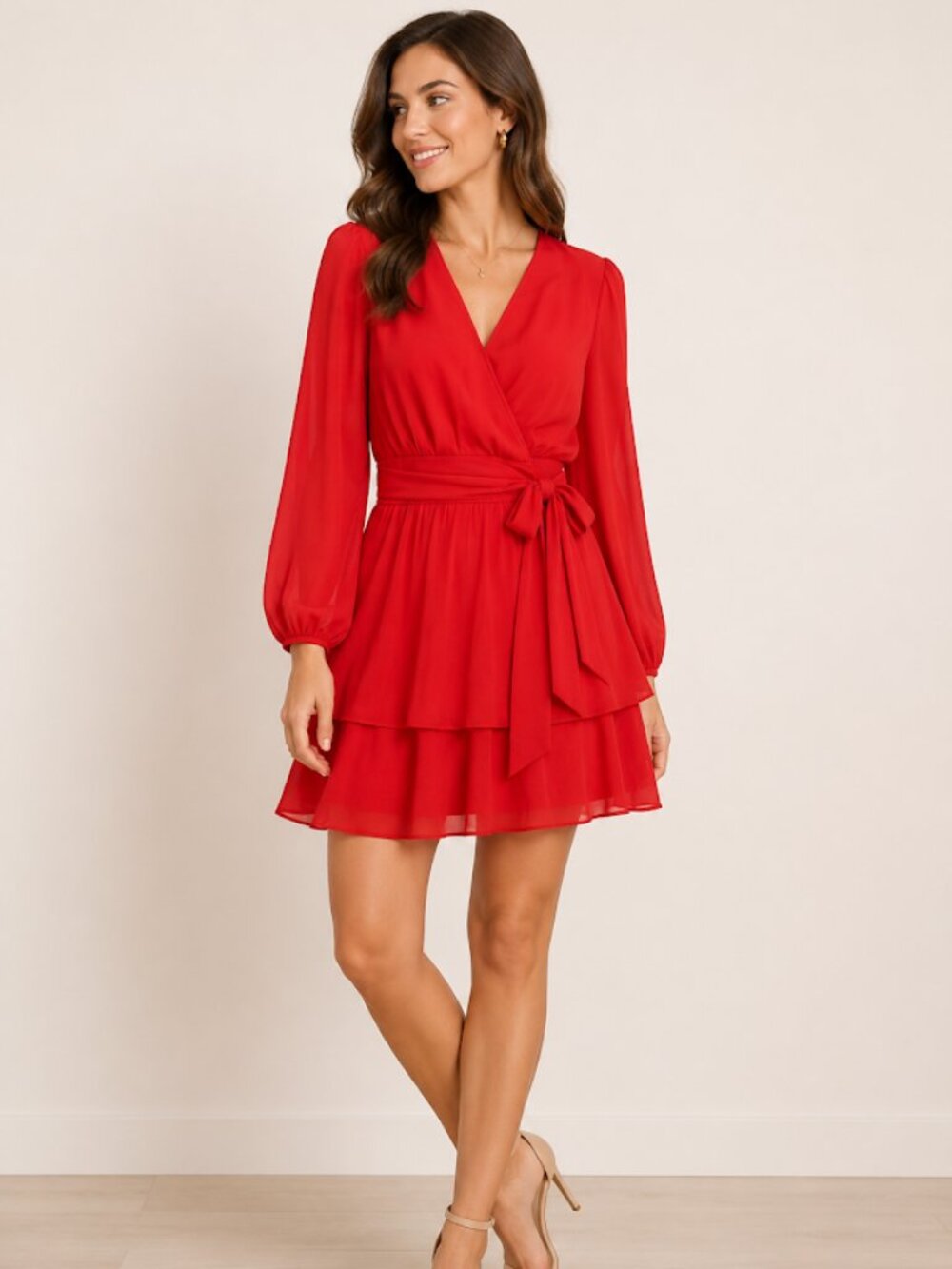 Japna Red Wrap Dress Women’s M NWT Tiered Ruffle Mini Dress Long Sleeve Party